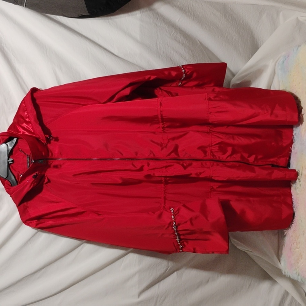 (X-82) Dennis Basso Red Silky Red Jeweled Sleeves Spring Jacket Sz.1X Like New